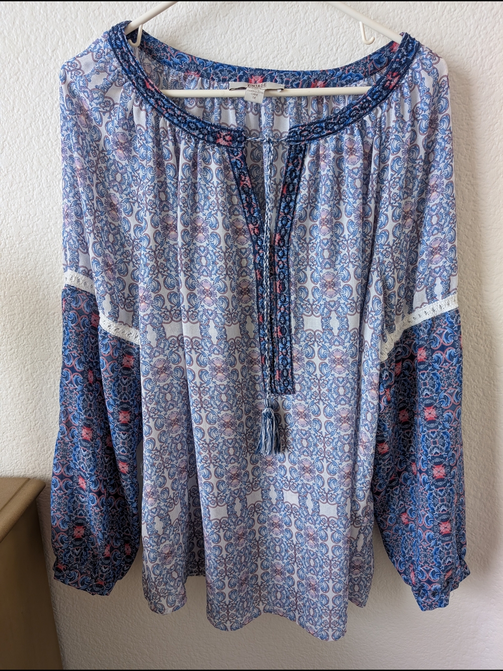 Blue Floral-Print Boho Peasant Tunic with Tassel Tie